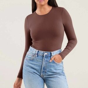 Nuuds Crew Scoop Neck Long Sleeve Bodysuit In Coffee Brown Size Small